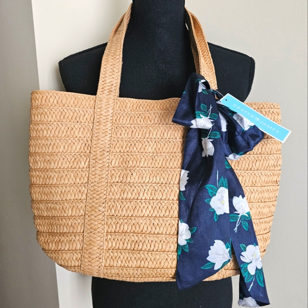 DRAPER JAMES Straw Tote Bag Floral Scarf NWT